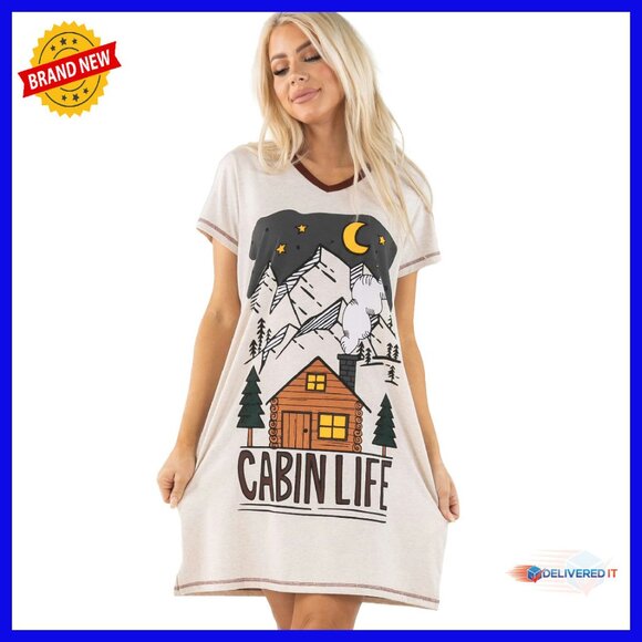 Oversized Cotton V-Neck Sleep Shirt Funny Novelty Nightgown S/M